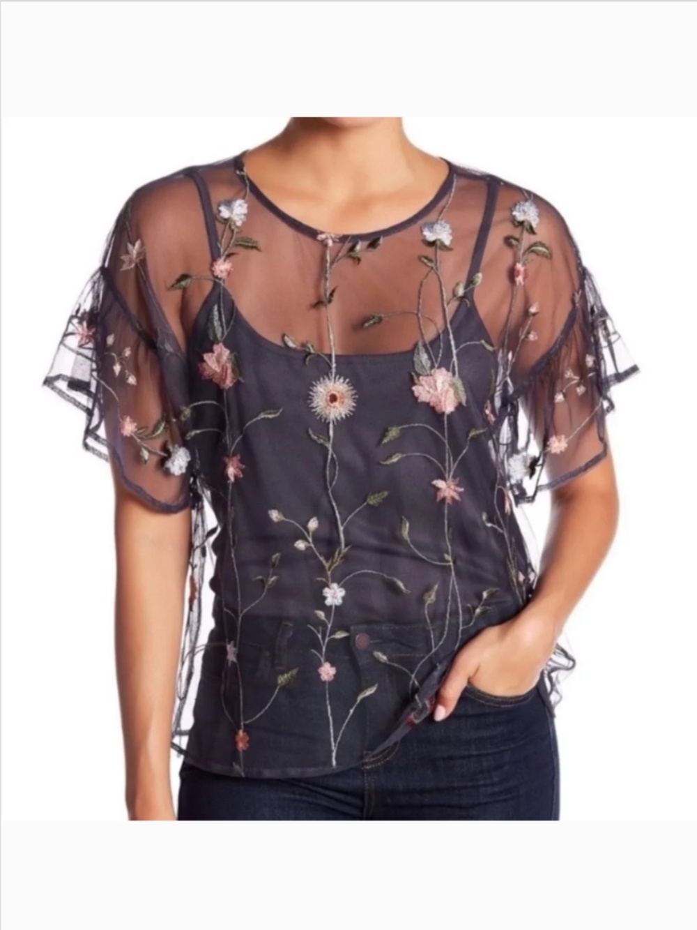 Lucky Brand Sheer Floral Embroidered Overlay Top & Cami Set, Size M